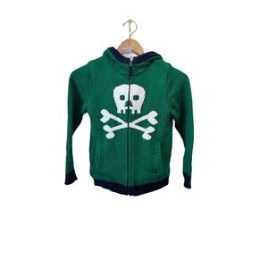 Hanna Andersson Boys Sz 130 8 Skull Sherpa Lined Zip Knit Sweater Hoodie Green